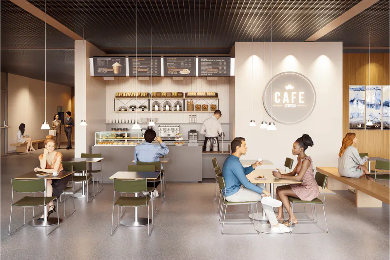 Café do térreo com balcão e mesas