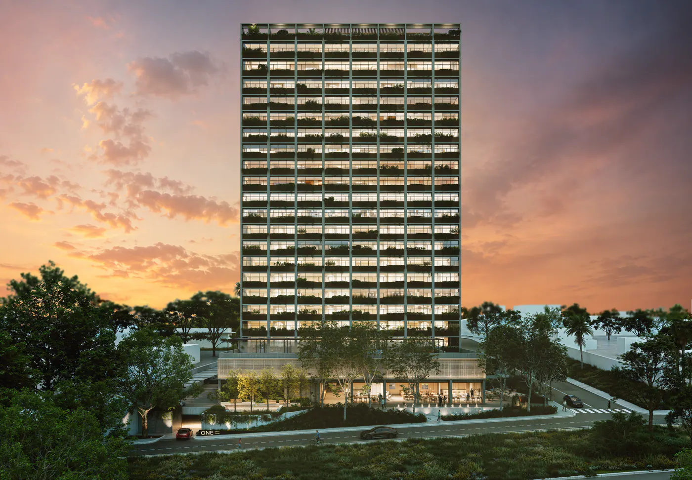 ONE Office Tower ao entardecer