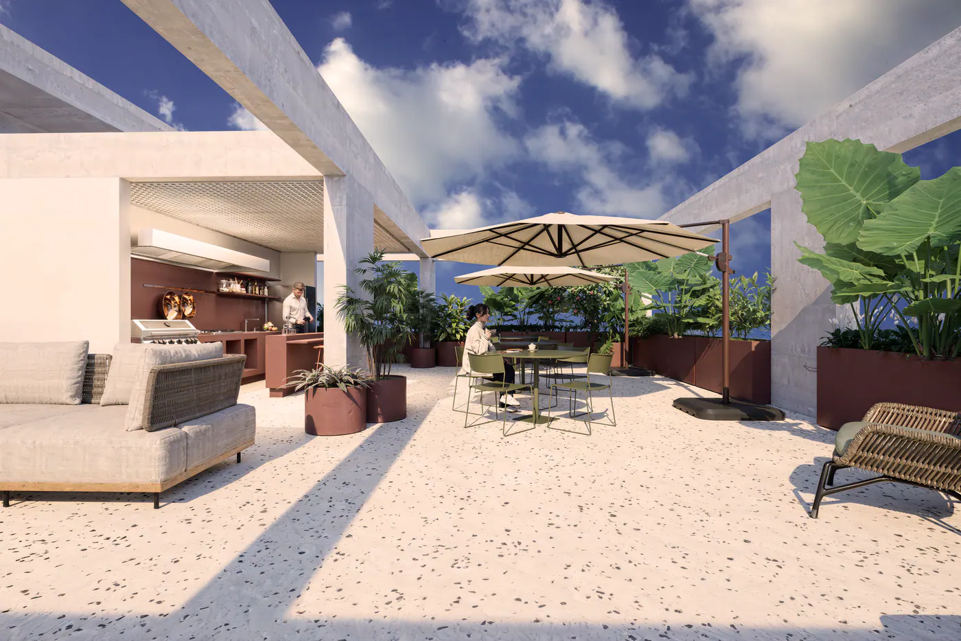 Rooftop com sofás, guarda-sóis e jardineiras